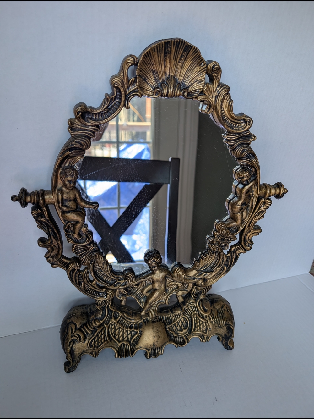 Vintage Ornate Gold Cherub Vanity Mirror - Victorian Rococo Style Tilt Mirror